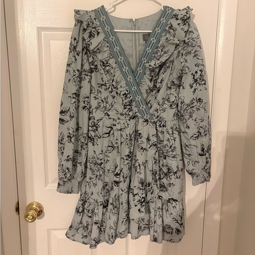 Anthropologie Mint Green Floral Mini Dress with Black Print